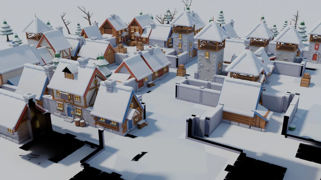 Lodge from above: a snowy village.