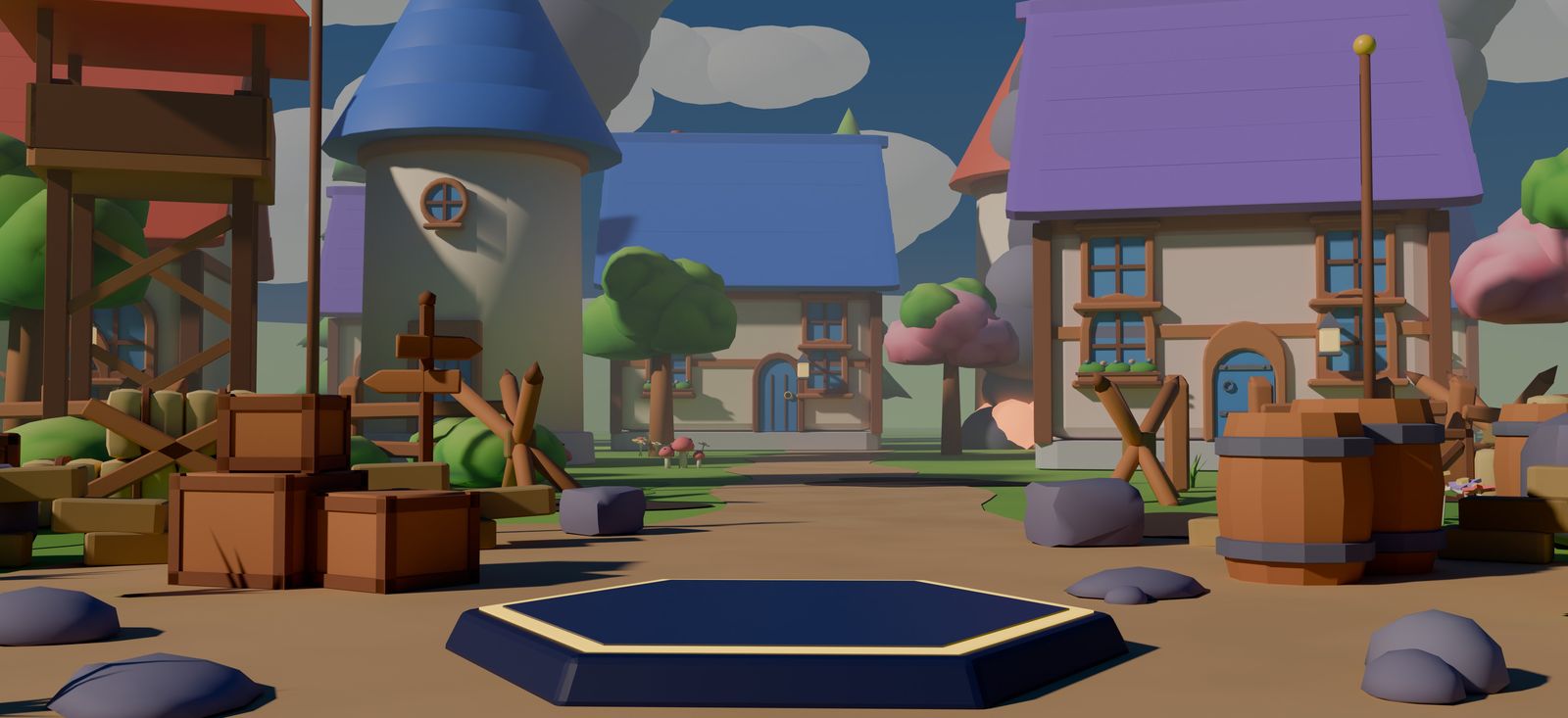 The Varena lobby: a cartoon village square at dusk with a deploy pad in the middle.