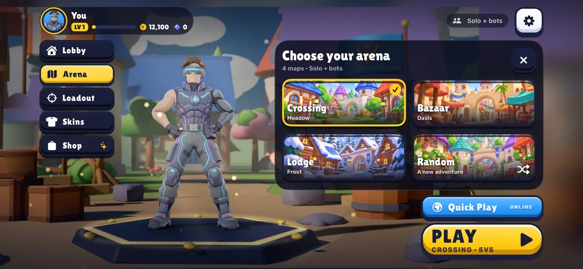 Choosing an arena: Crossing, Bazaar, Lodge or Random.